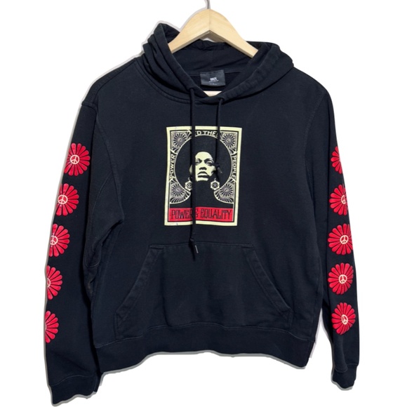 Obey Black Graphic Print Fleece Angela Davis Power Equality Hoodie Size Small - Picture 1 of 11